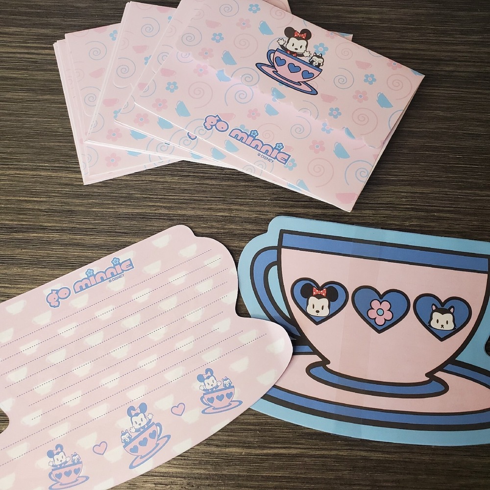 GO MINNIE Mouse Tea Cup Lined Stationary And Scalloped Envelopes 20 Pc - 10 Ea